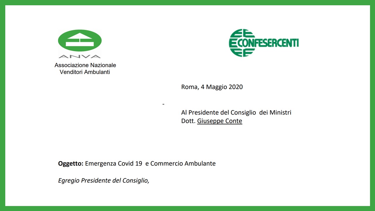 Lettera ANVA - Confesercenti al Presidente del Consiglio dei Ministri: Emergenza Covid-19 e Commercio Ambulante