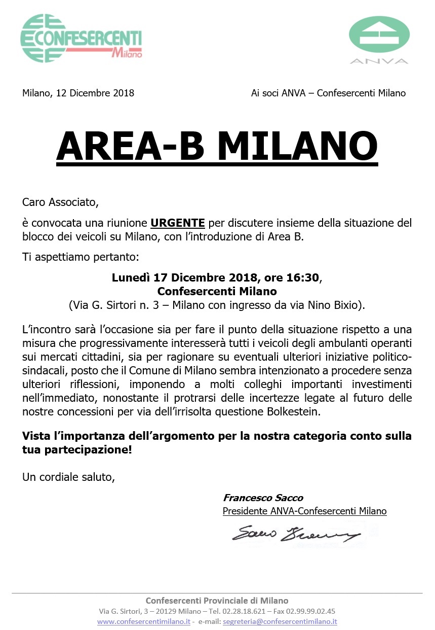 17 dicembre: riunione su Area B in Confesercenti Milano
