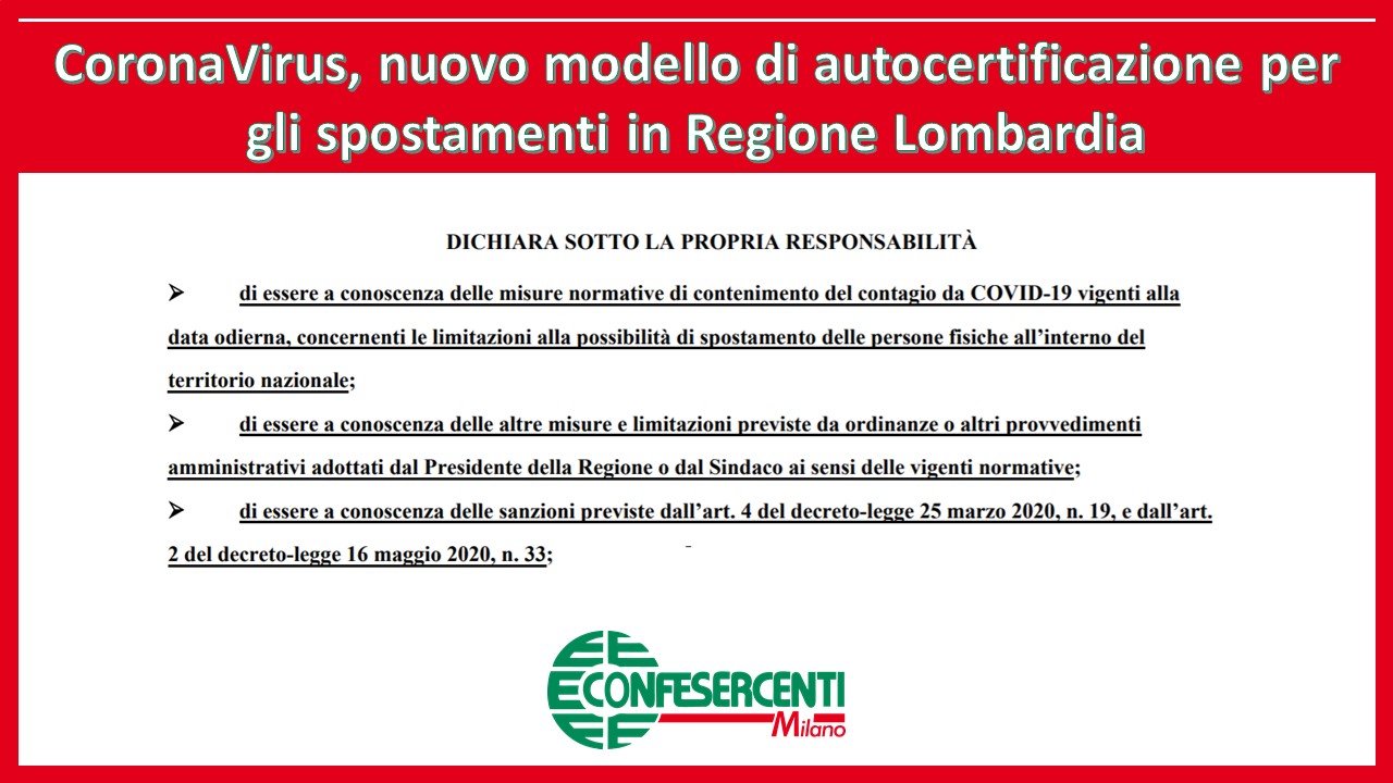 CoronaVirus, nuovo modello di autocertificazione per gli spostamenti in Regione Lombardia