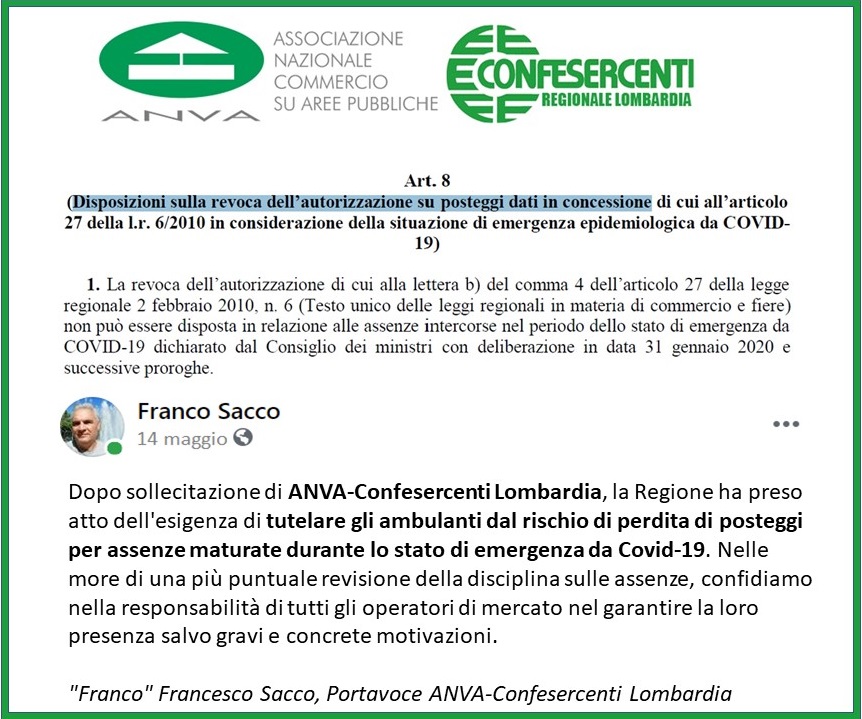 Revoca per assenze posteggi ambulanti, Regione Lombardia approva moratoria Covid-19